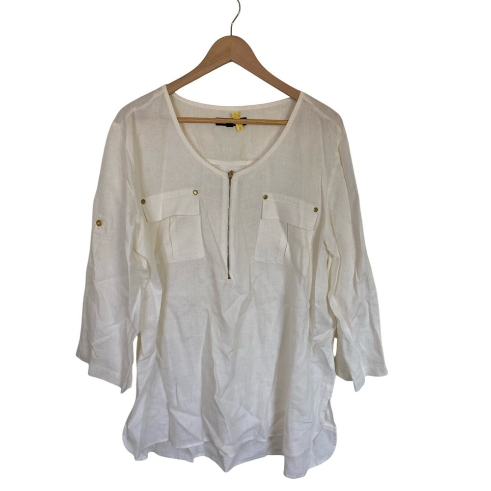 Ellen Tracy Womens Off White Linen Zip-Front‎ Pocket Tunic Blouse Size Xl 3/4 Sl